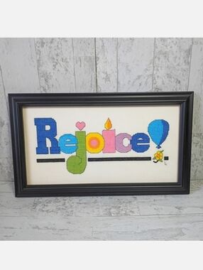 Vintage Handmade Rainbow Rejoice Framed Cross Stitch or Needlepoint Wall Decor